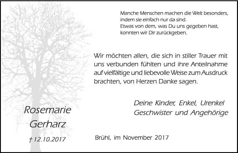  Traueranzeige für Rosemarie Gerharz vom 22.11.2017 aus  Schlossbote/Werbekurier 