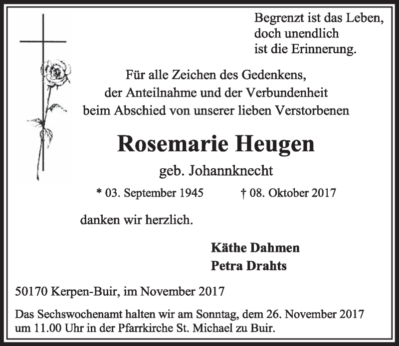  Traueranzeige für Rosemarie Heugen vom 18.11.2017 aus  Sonntags-Post 