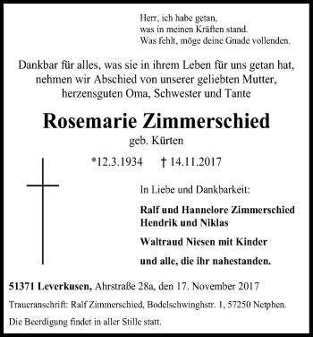 Anzeige von Rosemarie Zimmerschied von Kölner Stadt-Anzeiger / Kölnische Rundschau / Express