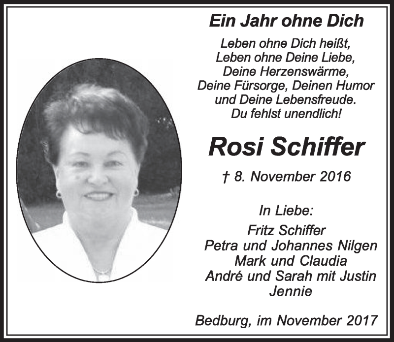 Traueranzeige für Rosi Schiffer vom 04.11.2017 aus  Sonntags-Post 