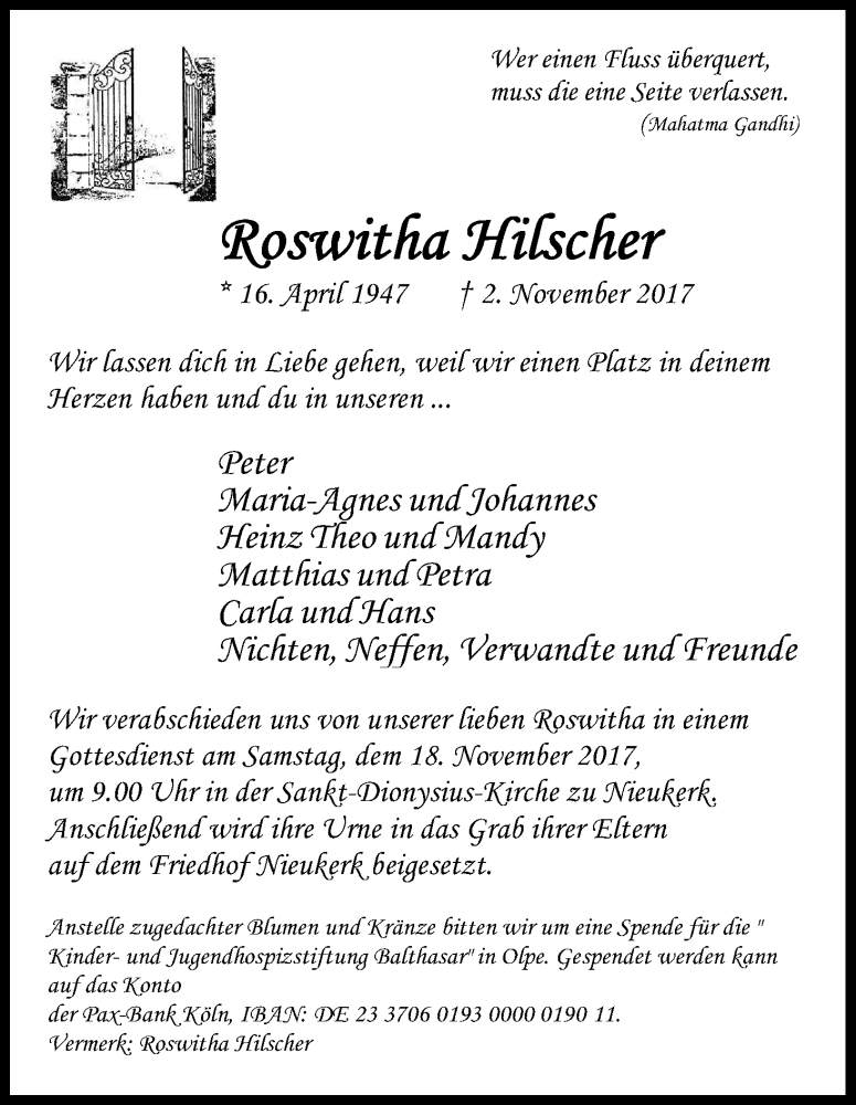  Traueranzeige für Roswitha Hilscher vom 11.11.2017 aus Kölner Stadt-Anzeiger / Kölnische Rundschau / Express