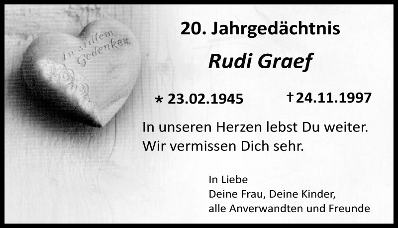  Traueranzeige für Rudi Graef vom 22.11.2017 aus  Kölner Wochenspiegel 