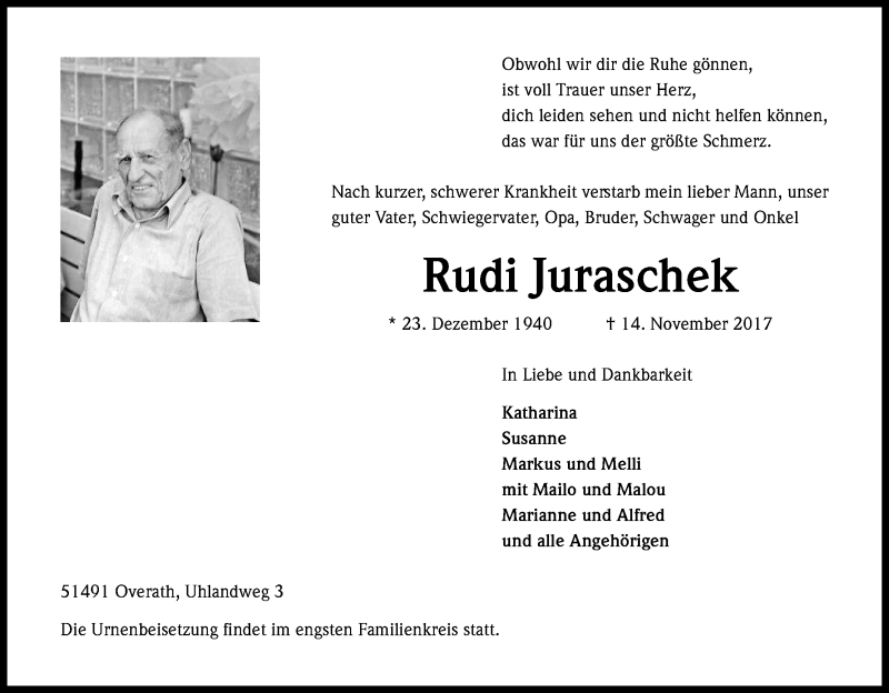  Traueranzeige für Rudi Juraschek vom 18.11.2017 aus Kölner Stadt-Anzeiger / Kölnische Rundschau / Express
