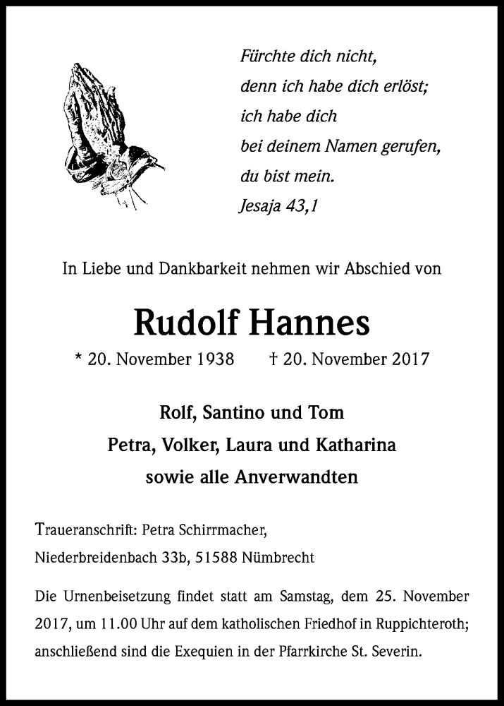  Traueranzeige für Rudolf Hannes vom 22.11.2017 aus Kölner Stadt-Anzeiger / Kölnische Rundschau / Express
