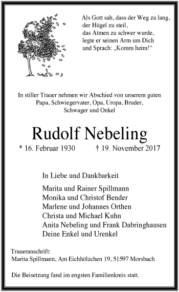 Anzeige von Rudolf Nebeling von  Lokalanzeiger 