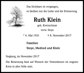 Anzeige von Ruth Klein von Kölner Stadt-Anzeiger / Kölnische Rundschau / Express