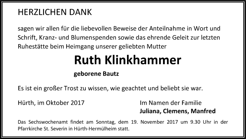  Traueranzeige für Ruth Klinkhammer vom 11.11.2017 aus Kölner Stadt-Anzeiger / Kölnische Rundschau / Express