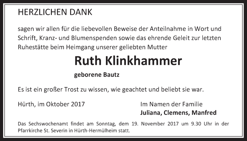  Traueranzeige für Ruth Klinkhammer vom 15.11.2017 aus  Wochenende 