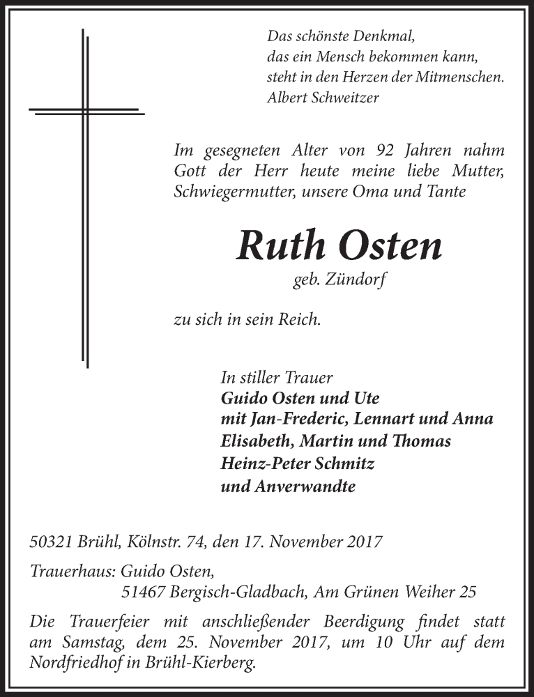  Traueranzeige für Ruth Osten vom 22.11.2017 aus  Schlossbote/Werbekurier 
