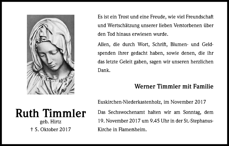  Traueranzeige für Ruth Timmler vom 15.11.2017 aus Kölner Stadt-Anzeiger / Kölnische Rundschau / Express