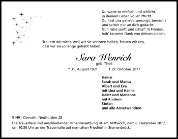 Anzeige von Sara Wenrich von Kölner Stadt-Anzeiger / Kölnische Rundschau / Express