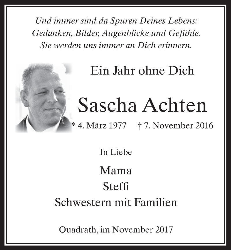  Traueranzeige für Sascha Achten vom 08.11.2017 aus  Werbepost 