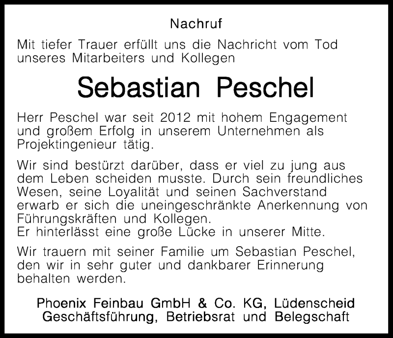  Traueranzeige für Sebastian Peschel vom 02.11.2017 aus Kölner Stadt-Anzeiger / Kölnische Rundschau / Express