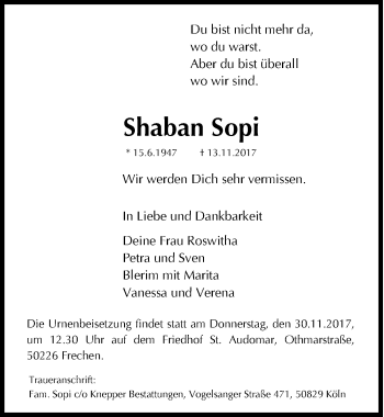 Anzeige von Shaban Sopi von  Sonntags-Post 