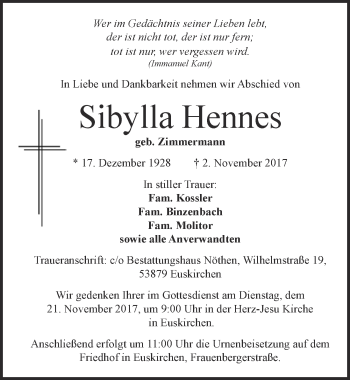 Anzeige von Sibylla Hennes von  Blickpunkt Euskirchen 