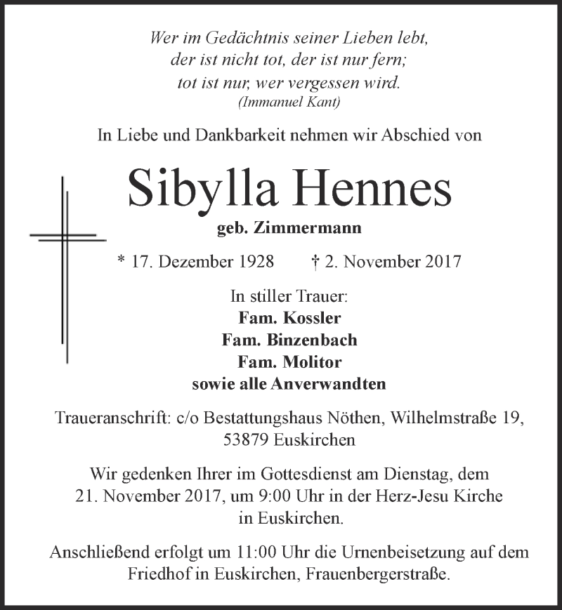  Traueranzeige für Sibylla Hennes vom 18.11.2017 aus  Blickpunkt Euskirchen 