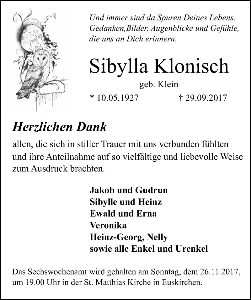  Traueranzeige für Sibylla Klonisch vom 18.11.2017 aus  Blickpunkt Euskirchen 