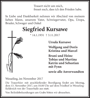 Anzeige von Siegfried Kursawe von  Schlossbote/Werbekurier 