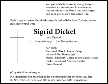 Anzeige von Sigrid Dickel von Kölner Stadt-Anzeiger / Kölnische Rundschau / Express