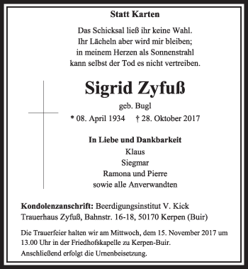 Anzeige von Sigrid Zyfuß von  Sonntags-Post 