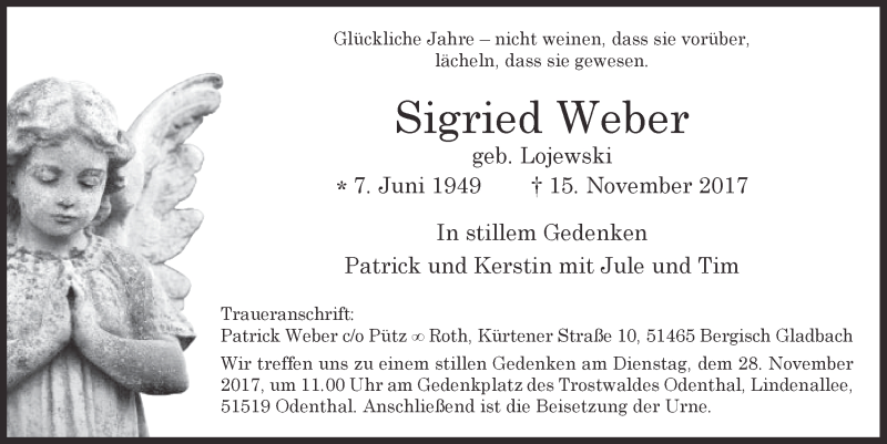  Traueranzeige für Sigried Weber vom 22.11.2017 aus  Bergisches Handelsblatt 