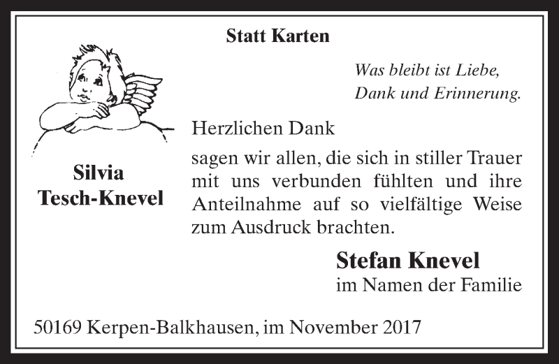  Traueranzeige für Silvia Tesch-Knevel vom 22.11.2017 aus  Werbepost 