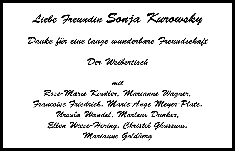  Traueranzeige für Sonja Kurowsky vom 25.11.2017 aus Kölner Stadt-Anzeiger / Kölnische Rundschau / Express