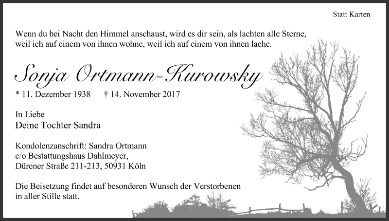  Traueranzeige für Sonja Ortmann-Kurowsky vom 18.11.2017 aus Kölner Stadt-Anzeiger / Kölnische Rundschau / Express