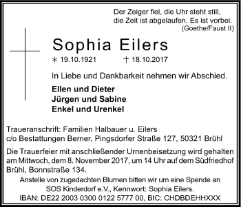 Anzeige von Sophia Eilers von Kölner Stadt-Anzeiger / Kölnische Rundschau / Express