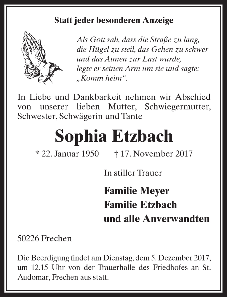  Traueranzeige für Sophia Etzbach vom 22.11.2017 aus  Wochenende 