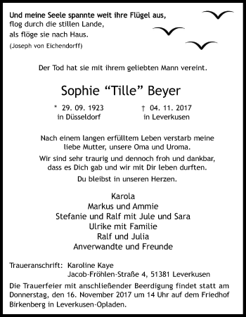 Anzeige von Sophie  Beyer von Kölner Stadt-Anzeiger / Kölnische Rundschau / Express