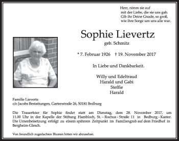 Anzeige von Sophie Lievertz von  Sonntags-Post 