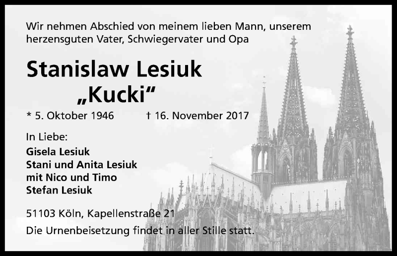  Traueranzeige für Stanislaw Lesiuk vom 18.11.2017 aus Kölner Stadt-Anzeiger / Kölnische Rundschau / Express