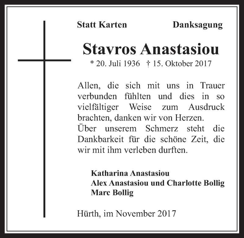  Traueranzeige für Stavros Anastasiou vom 15.11.2017 aus  Wochenende 