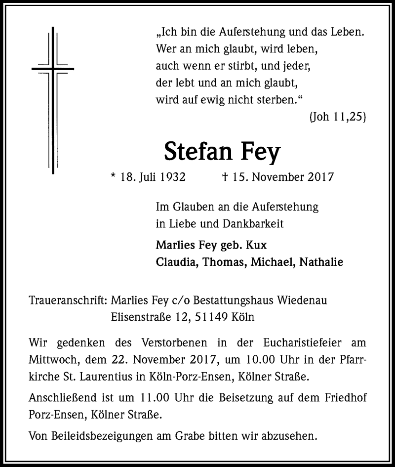  Traueranzeige für Stefan Fey vom 18.11.2017 aus Kölner Stadt-Anzeiger / Kölnische Rundschau / Express