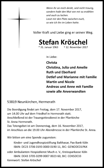 Anzeige von Stefan Kröschel von Kölner Stadt-Anzeiger / Kölnische Rundschau / Express