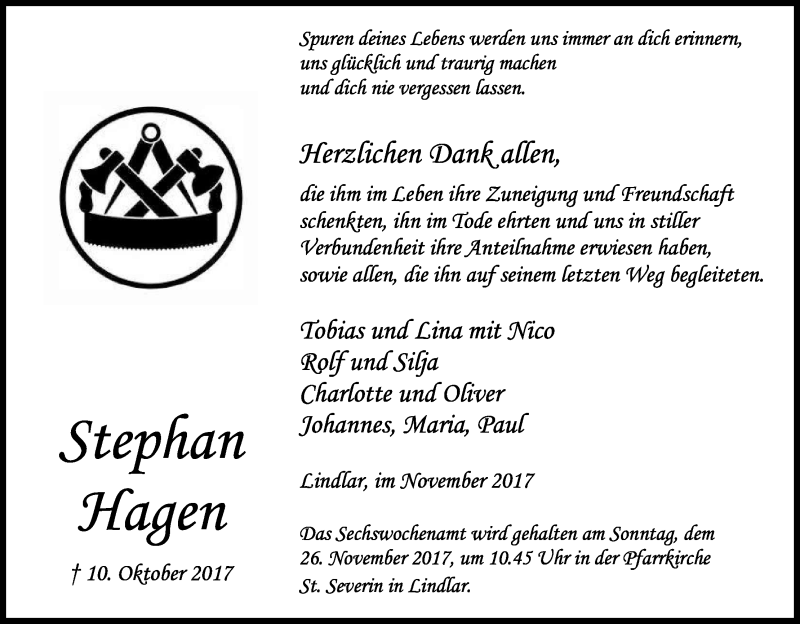  Traueranzeige für Stephan Hagen vom 18.11.2017 aus Kölner Stadt-Anzeiger / Kölnische Rundschau / Express