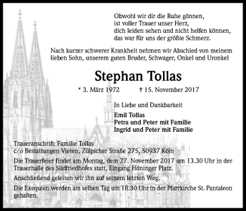 Anzeige von Stephan Tollas von Kölner Stadt-Anzeiger / Kölnische Rundschau / Express