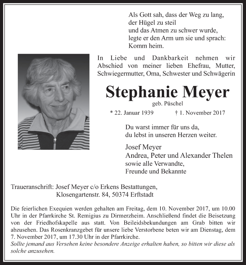  Traueranzeige für Stephanie Meyer vom 08.11.2017 aus  Werbepost 