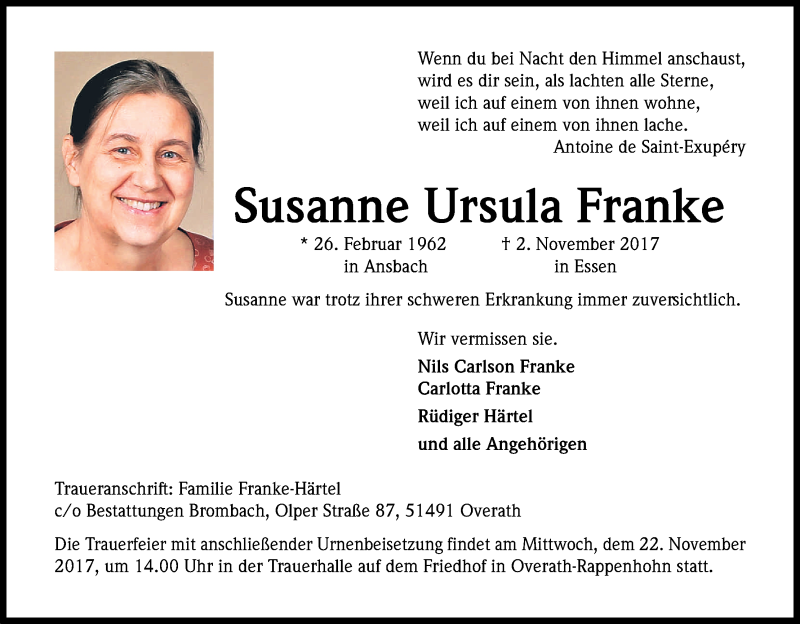  Traueranzeige für Susanne Ursula Franke vom 11.11.2017 aus Kölner Stadt-Anzeiger / Kölnische Rundschau / Express