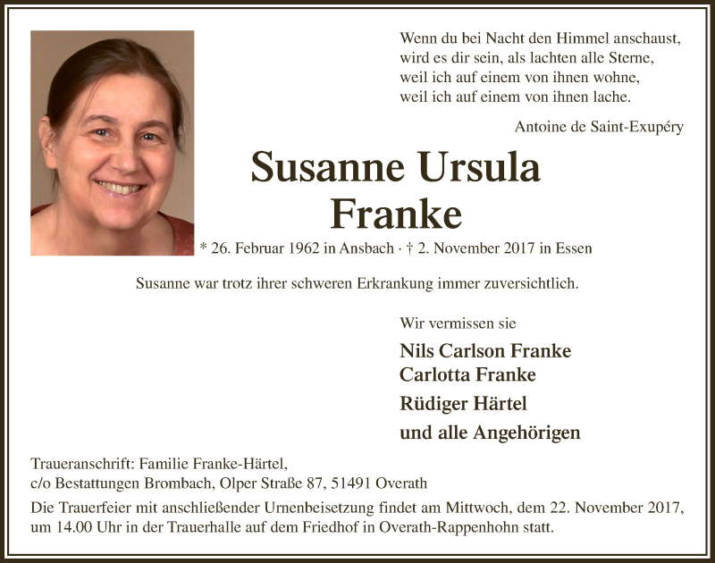  Traueranzeige für Susanne Ursula Franke vom 15.11.2017 aus  Bergisches Handelsblatt 