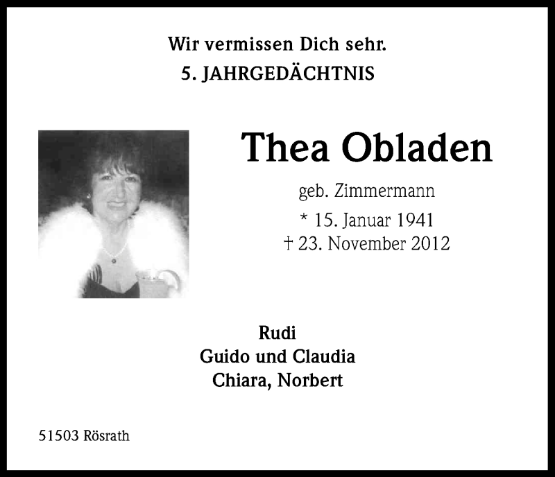  Traueranzeige für Thea Obladen vom 25.11.2017 aus Kölner Stadt-Anzeiger / Kölnische Rundschau / Express