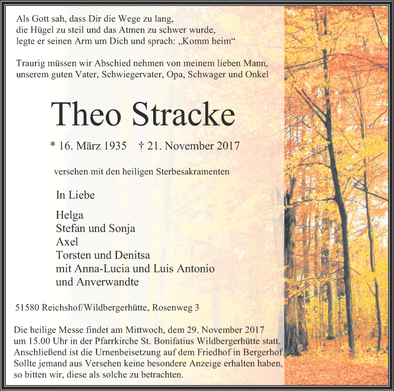  Traueranzeige für Theo Stracke vom 25.11.2017 aus Kölner Stadt-Anzeiger / Kölnische Rundschau / Express