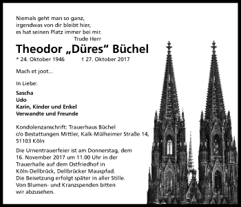 Anzeige von Theodor Büchel von Kölner Stadt-Anzeiger / Kölnische Rundschau / Express