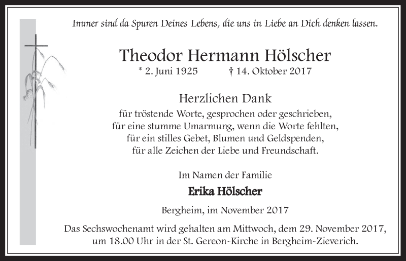  Traueranzeige für Theodor Hermann Hölscher vom 15.11.2017 aus  Werbepost 