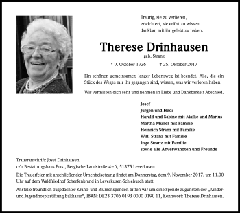 Anzeige von Therese Drinhausen von Kölner Stadt-Anzeiger / Kölnische Rundschau / Express