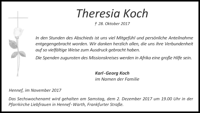  Traueranzeige für Theresia Koch vom 24.11.2017 aus Kölner Stadt-Anzeiger / Kölnische Rundschau / Express
