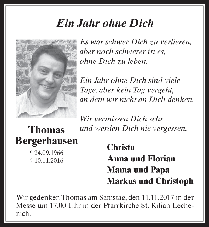  Traueranzeige für Thomas Bergerhausen vom 08.11.2017 aus  Werbepost 