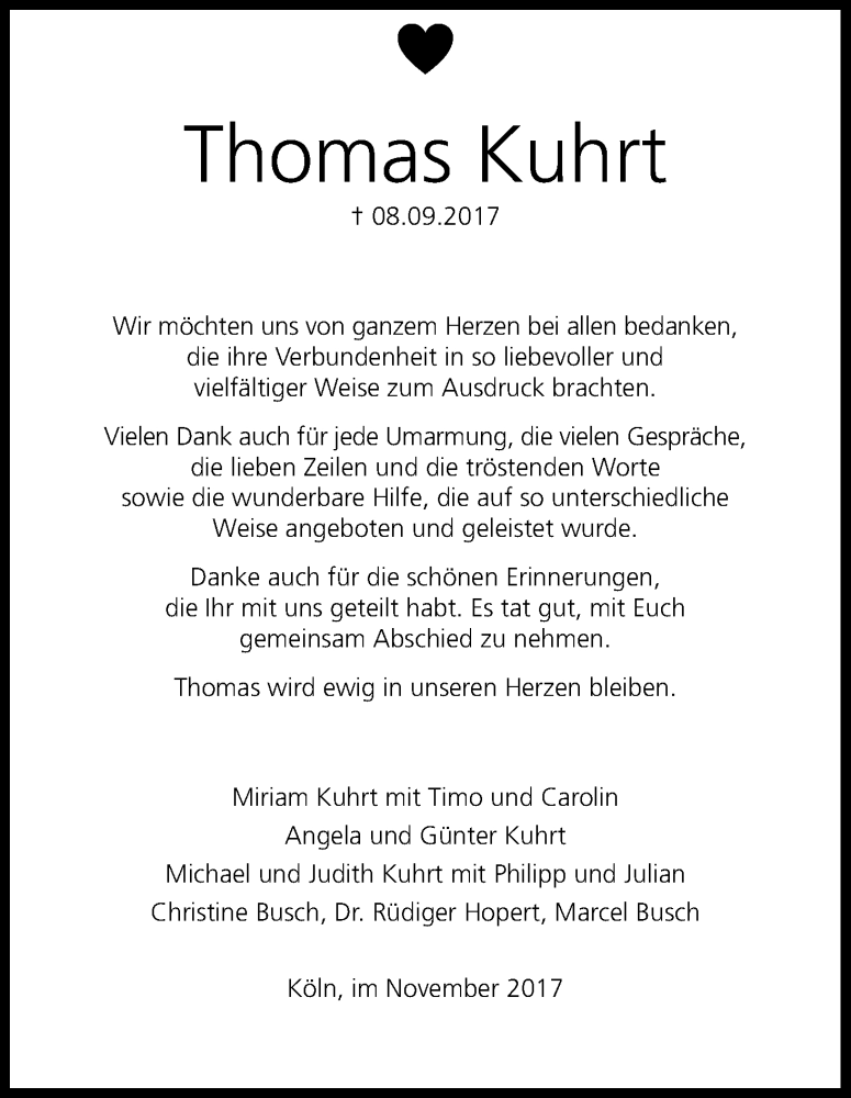  Traueranzeige für Thomas Kuhrt vom 11.11.2017 aus Kölner Stadt-Anzeiger / Kölnische Rundschau / Express