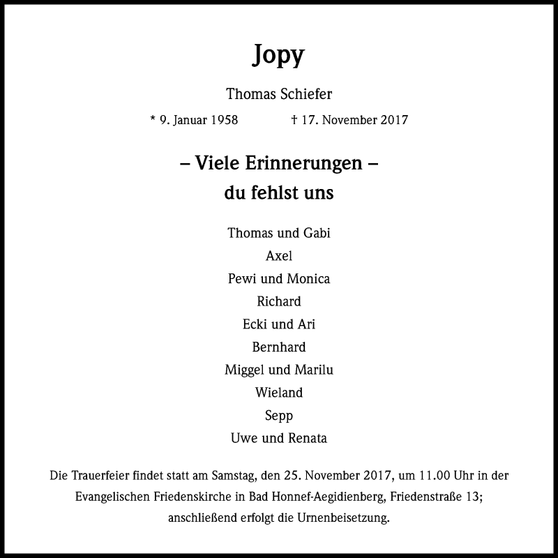 Traueranzeige für Thomas Schiefer vom 23.11.2017 aus Kölner Stadt-Anzeiger / Kölnische Rundschau / Express
